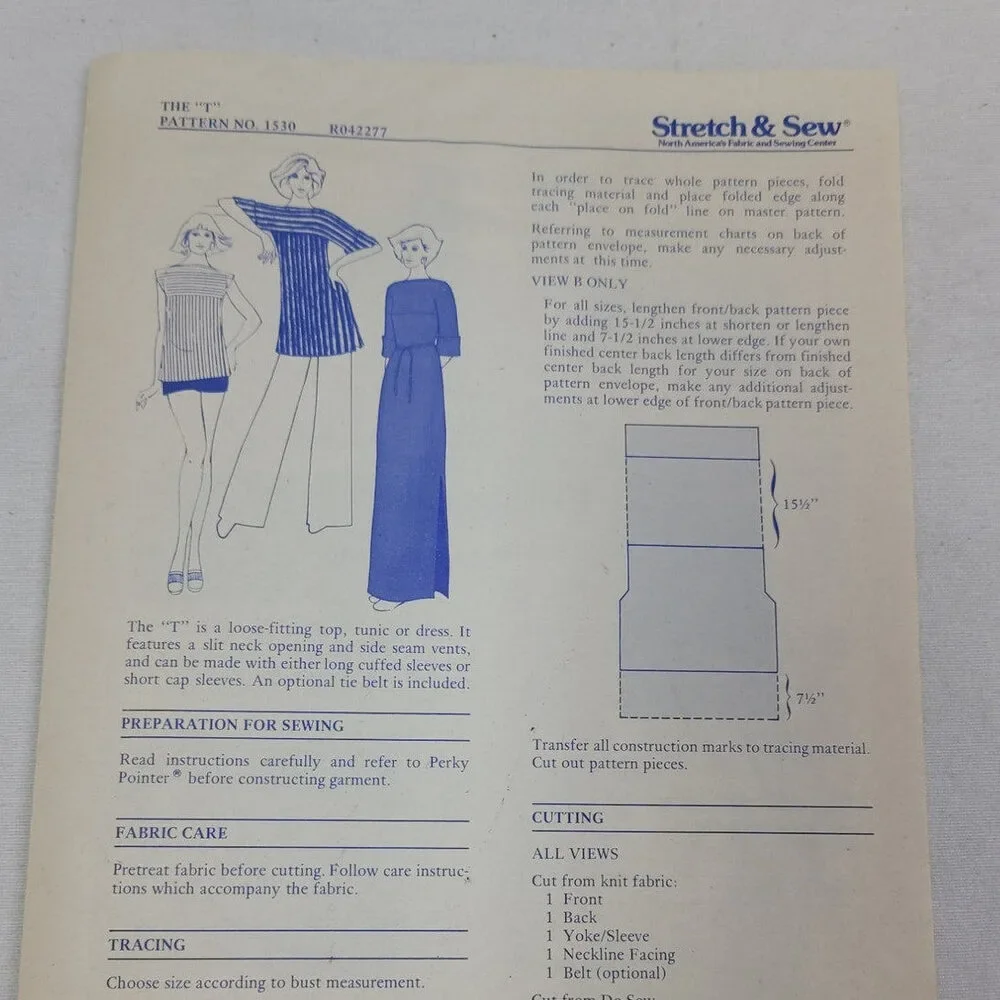 Vintage 1977 Stretch & Sew 1530 The T Shirt Dress Knit Fabric Uncut Pattern